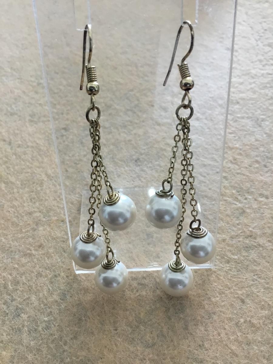 Double Mirelle Ionic Plated Thin Steel & Faux Pearls Dangle Necklace in Gold