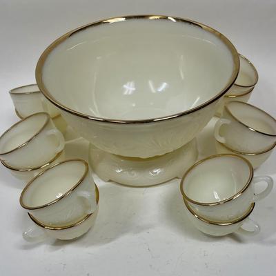 Vintage MCM Anchor Hocking Ivory Milk Glass Gold Trim 4 Qt. Punch Bowl, Stand & 12 Cups