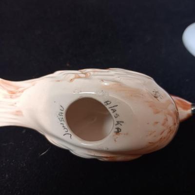 GINGER JAR W/RAISED SEAGULLS, A SEAGULL FROM JUNEAU ALASKA AND A FLORAL MUSICAL TRINKET BOXMUS