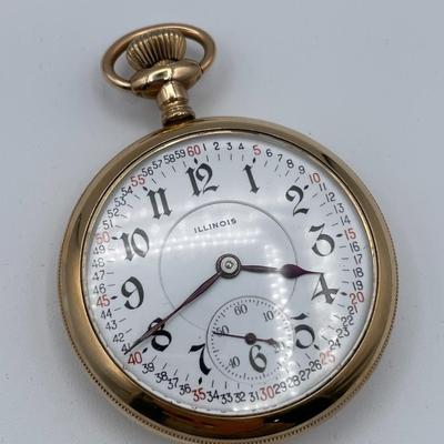 Sale Photo Thumbnail #208: Illinois Railroad Pocketwatch - Gold Tone Number (2575598) , Size 16S, with testing at A.W.C. Co Gold Filled  Case Number (1026260).  Condition - Winder & watch are in working order.  This is not a guarantee that all parts are original  nor is the watch  