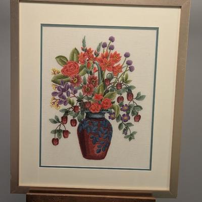 24" x 28" Cross Stitch Flower Bouquet Framed Art