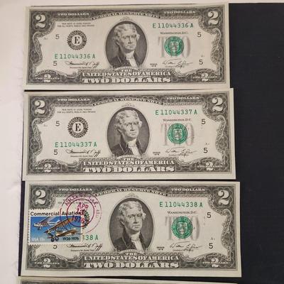 5 1976 $2 Dollar Bills w Commercial Aviation Postal Stamp