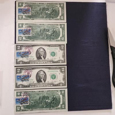 5 1976 $2 Dollar Bills w Commercial Aviation Postal Stamp
