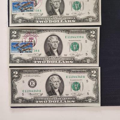 5 1976 $2 Dollar Bills w Commercial Aviation Postal Stamp