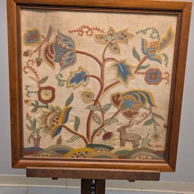 1950's 22 1/2" x 22 1/2" Cross Stitch Floral Framed Art