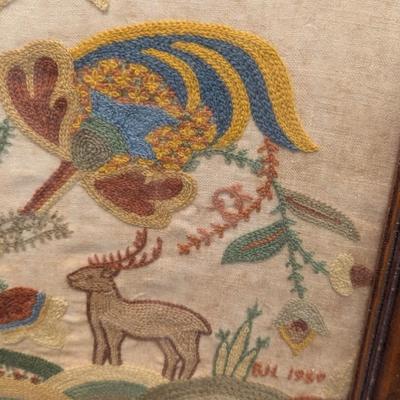 1950's 22 1/2" x 22 1/2" Cross Stitch Floral Framed Art