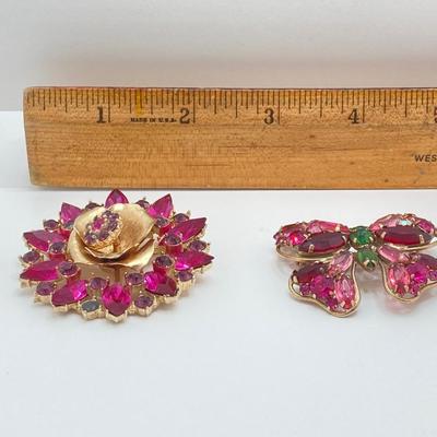 LOT 323: Gorgeous Pair of Rhinestone Brooches - Center Bobber Flower and Butterfly