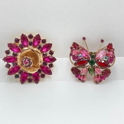 LOT 323: Gorgeous Pair of Rhinestone Brooches - Center Bobber Flower and Butterfly