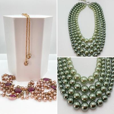 LOT 324: Opera Length Faux Glass Pearls, Lariat Gold Tone Chain with Rhinestones and Four Strand Green Faux Pearls