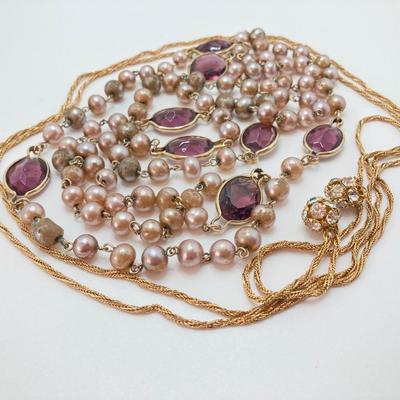 LOT 324: Opera Length Faux Glass Pearls, Lariat Gold Tone Chain with Rhinestones and Four Strand Green Faux Pearls