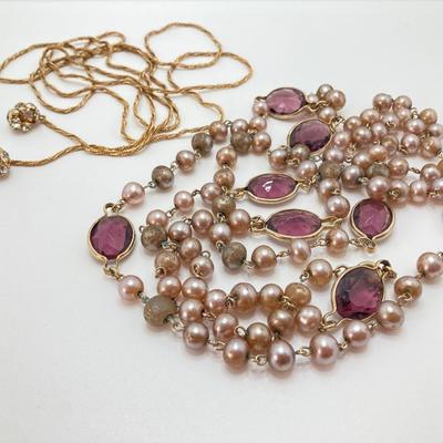 LOT 324: Opera Length Faux Glass Pearls, Lariat Gold Tone Chain with Rhinestones and Four Strand Green Faux Pearls