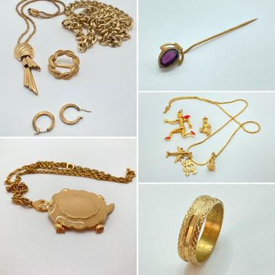LOT 606: Gold Tone / Gold Plate Jewelry Collection - Monet, Art, Brass Stick Pin and More