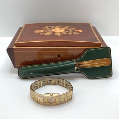 LOT 607: Jalga Gold Tone Watch, Vintage Letter Opener and Swiss Musical Movement Torna A Sorrento Music Box