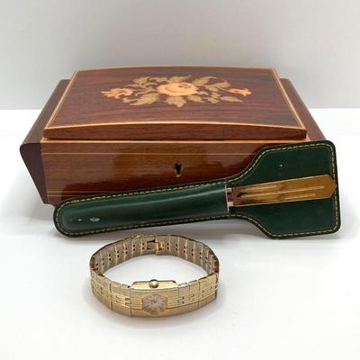 LOT 607: Jalga Gold Tone Watch, Vintage Letter Opener and Swiss Musical Movement Torna A Sorrento Music Box