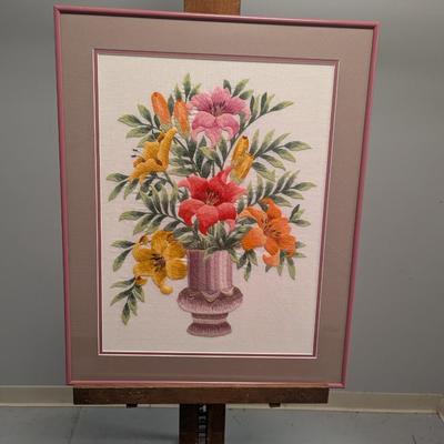 20" x 25 1/4" Cross Stitch Flower Bouquet Framed Art