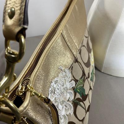 Coach gold Leather and embroidered Floral Handbag New!