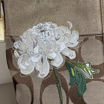 Coach gold Leather and embroidered Floral Handbag New!