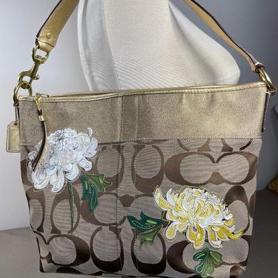 Coach gold Leather and embroidered Floral Handbag New!