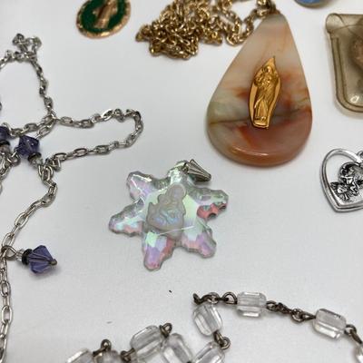 LOT 609: Religious Collection - Stone Pendant w/Gold Tone Chain, Crystal Heart Pendant w/Cross, Red Enamel & Rhinestone Guardian...