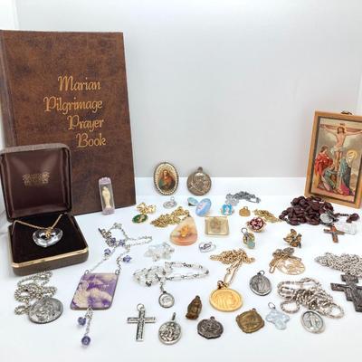 LOT 609: Religious Collection - Stone Pendant w/Gold Tone Chain, Crystal Heart Pendant w/Cross, Red Enamel & Rhinestone Guardian...