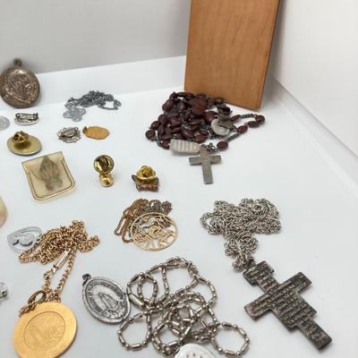 LOT 609: Religious Collection - Stone Pendant w/Gold Tone Chain, Crystal Heart Pendant w/Cross, Red Enamel & Rhinestone Guardian...