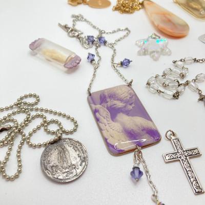 LOT 609: Religious Collection - Stone Pendant w/Gold Tone Chain, Crystal Heart Pendant w/Cross, Red Enamel & Rhinestone Guardian...