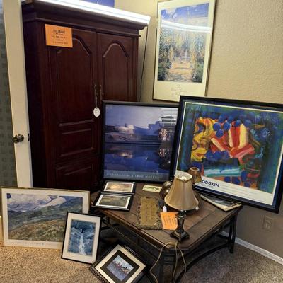 Lot 23: Entertainment Center, Coffee Table & Art
