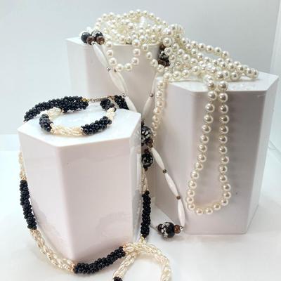 LOT 610: Necklace Collection -Three Strand Faux Pearls, Fresh Water Pearl Bracelet and Necklace and More