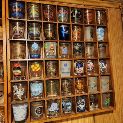 Large Collection of Shot glasses with display case