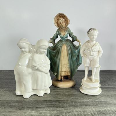 LOT 17D: Antique / Vintage Chalkware Victorian Woman Figurine, Chalkware Boy & Pottery Dutch Children Planter
