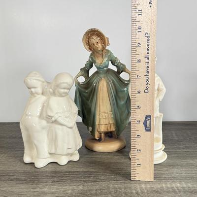 LOT 17D: Antique / Vintage Chalkware Victorian Woman Figurine, Chalkware Boy & Pottery Dutch Children Planter