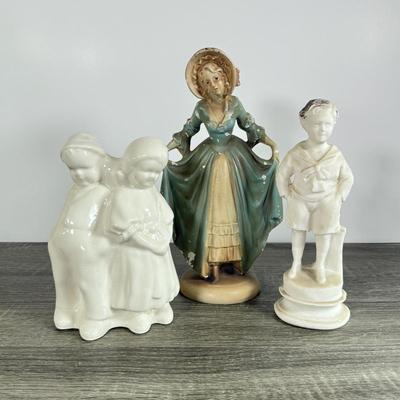 LOT 17D: Antique / Vintage Chalkware Victorian Woman Figurine, Chalkware Boy & Pottery Dutch Children Planter