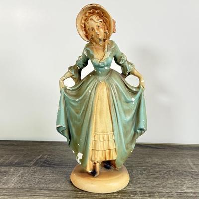 LOT 17D: Antique / Vintage Chalkware Victorian Woman Figurine, Chalkware Boy & Pottery Dutch Children Planter