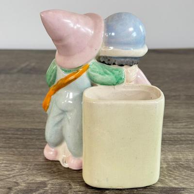 LOT 24D: Figural Planters: Vintage USA Pottery Dutch Girl Watering Flowers, Occupied Japan Children w/ Dog & Boy w/ Log Toothpick Holder