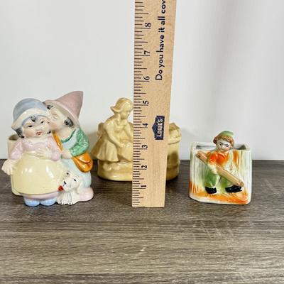 LOT 24D: Figural Planters: Vintage USA Pottery Dutch Girl Watering Flowers, Occupied Japan Children w/ Dog & Boy w/ Log Toothpick Holder