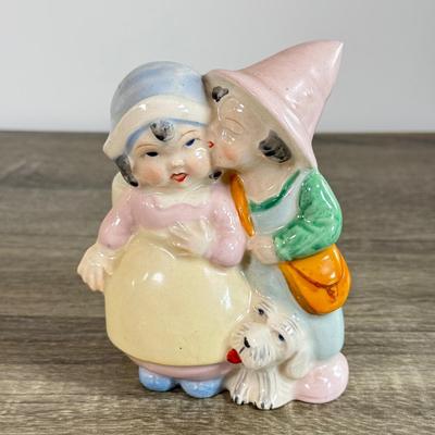 LOT 24D: Figural Planters: Vintage USA Pottery Dutch Girl Watering Flowers, Occupied Japan Children w/ Dog & Boy w/ Log Toothpick Holder