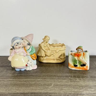 LOT 24D: Figural Planters: Vintage USA Pottery Dutch Girl Watering Flowers, Occupied Japan Children w/ Dog & Boy w/ Log Toothpick Holder