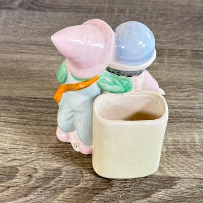 LOT 24D: Figural Planters: Vintage USA Pottery Dutch Girl Watering Flowers, Occupied Japan Children w/ Dog & Boy w/ Log Toothpick Holder