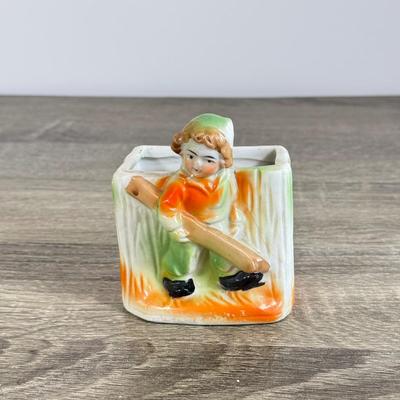 LOT 24D: Figural Planters: Vintage USA Pottery Dutch Girl Watering Flowers, Occupied Japan Children w/ Dog & Boy w/ Log Toothpick Holder