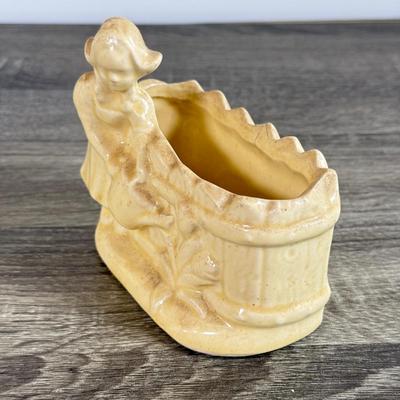 LOT 24D: Figural Planters: Vintage USA Pottery Dutch Girl Watering Flowers, Occupied Japan Children w/ Dog & Boy w/ Log Toothpick Holder