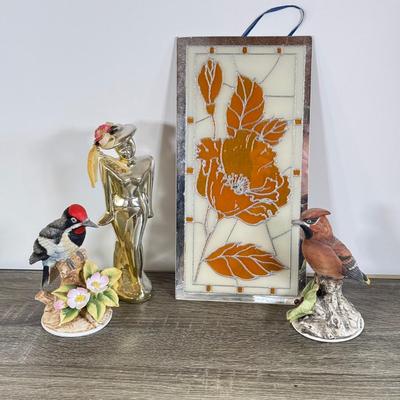 LOT 25D: Andrea by Sadek Porcelain Birds: Cedar Waxwing, Downy Woodpecker & Turner Decorative Accessory Floral Glass Wall Art &...