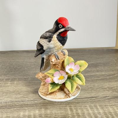 LOT 25D: Andrea by Sadek Porcelain Birds: Cedar Waxwing, Downy Woodpecker & Turner Decorative Accessory Floral Glass Wall Art &...