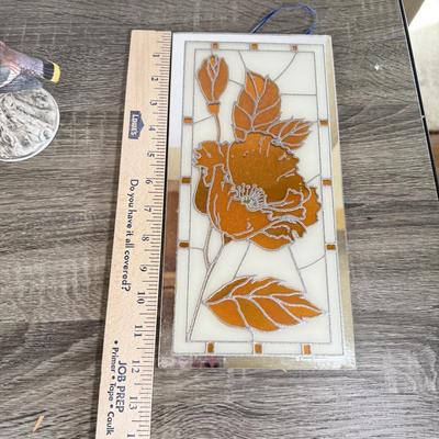 LOT 25D: Andrea by Sadek Porcelain Birds: Cedar Waxwing, Downy Woodpecker & Turner Decorative Accessory Floral Glass Wall Art &...