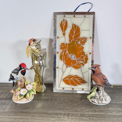 LOT 25D: Andrea by Sadek Porcelain Birds: Cedar Waxwing, Downy Woodpecker & Turner Decorative Accessory Floral Glass Wall Art &...
