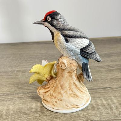 LOT 25D: Andrea by Sadek Porcelain Birds: Cedar Waxwing, Downy Woodpecker & Turner Decorative Accessory Floral Glass Wall Art &...