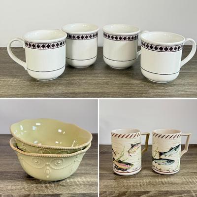 LOT 28D: Lenox Collection: Catherine McClung Riverwood Fish Mugs, French Perle Bowls & Casual Images Diamond Ring Mugs