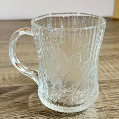 LOT 29D: Vintage Glass Juicer, Juice Pitcher & Arcoroc Canterbury Embossed Glass Mugs