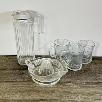 LOT 29D: Vintage Glass Juicer, Juice Pitcher & Arcoroc Canterbury Embossed Glass Mugs