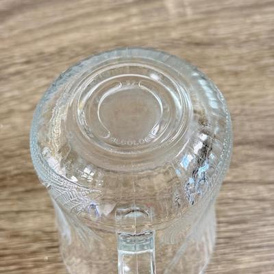 LOT 29D: Vintage Glass Juicer, Juice Pitcher & Arcoroc Canterbury Embossed Glass Mugs