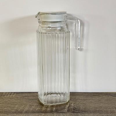 LOT 29D: Vintage Glass Juicer, Juice Pitcher & Arcoroc Canterbury Embossed Glass Mugs